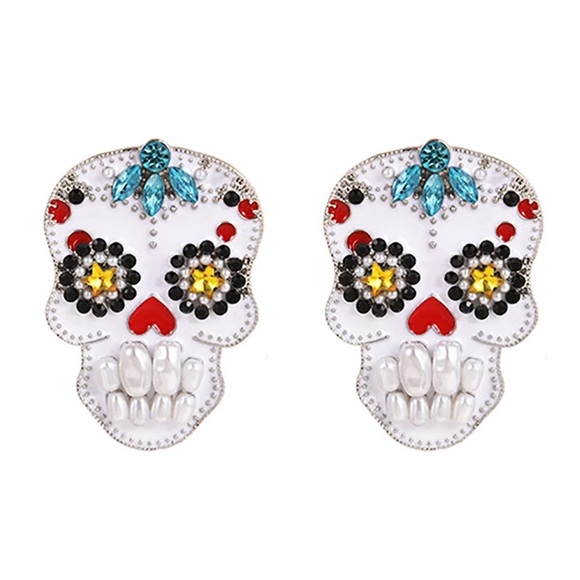 Zara Los Muertos Chunky Boho Silver Pearl Big Long Drop Scull Earrings - Picture 4 of 10